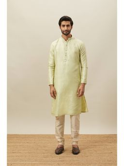 Manyavar - Green Art Silk Self Design Full Sleeves Kurta with Pencil Pyjama (Set of 2)