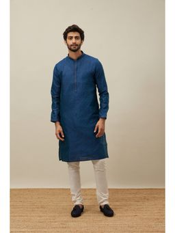 Manyavar - Blue Art Silk Self Design Full Sleeves Kurta with Churidar (Set of 2)