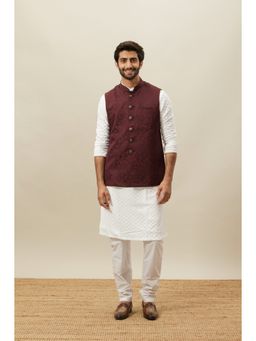 Manyavar - Wine Brocade Self Design Sleeveless Nehru Jacket
