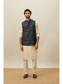 Manyavar - Blue Brocade Printed Sleeveless Nehru Jacket
