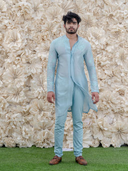 Runit Gupta - Powder Blue Embroidered Kurta (Set of 2)