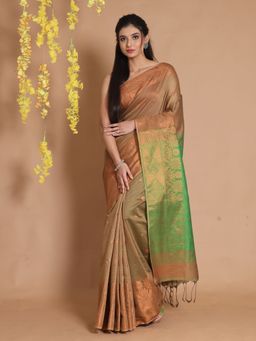 CHARUKRITI - Tortilla Brown Cotton Zari Motifs & Floral Borders Handwoven Saree with Unstitched Blouse