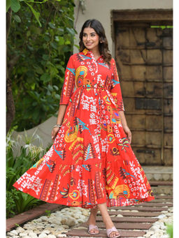 Juniper - Red Printed Cambric Dress with Buttons & Dori (Set of 2)