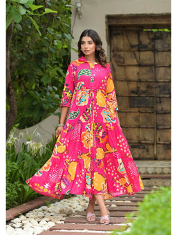 Juniper - Fuchsia Printed Cambric Dress with Buttons & Dori (Set of 2)