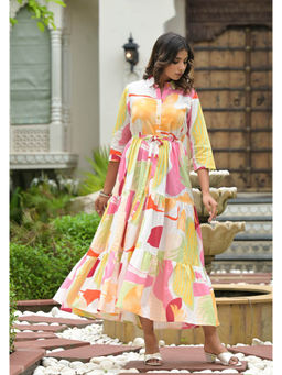 Juniper - Off White Printed Cambric Dress with Buttons & Dori (Set of 2)