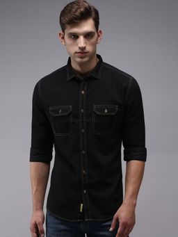 SHOWOFFFF - Men Black Collar Neck Solid Classic Fit Shirt