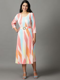 SHOWOFF - Womens Colourblocked Round Neck Multi Midi Dress