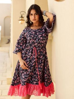 The Kaftan Company - Lace Trim Navy Blue Floral Print Dress
