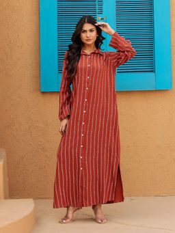 The Kaftan Company - Maroon Stripes Full Length Maxi Shirt Dress