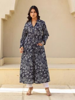 The Kaftan Company - Black and White Outline Floral Print A-Line Cotton Kurta