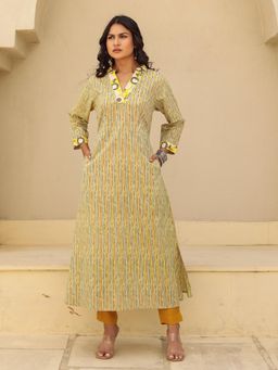 The Kaftan Company - Contrast Print Collar Yellow and Grey Stripes Cotton Kurta