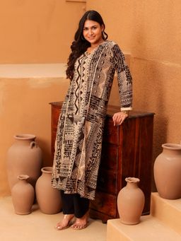 The Kaftan Company - Beige & Brown Printed Cotton Anarkali Kurta