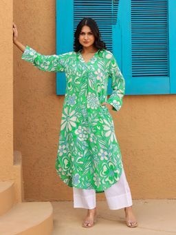 The Kaftan Company - V-Neck Bright Green Abstract Floral Print Kurta