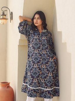 The Kaftan Company - Lace Detail Navy Blue Ikat Print Viscose Kurta