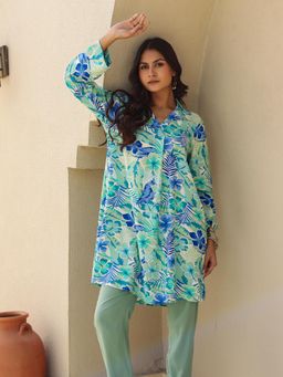 The Kaftan Company - Blue and Green Tropical Print Viscose Kurta