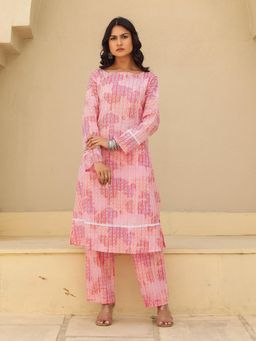The Kaftan Company - Lace Trim Pink Abstract Print Cotton Kurta with Pant