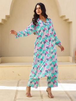 The Kaftan Company - Blue and Pink Tropical Print Cotton Kurta with Pant