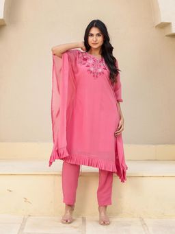 The Kaftan Company - Pink Hand Embroidered Georgette Kaftan Kurta with Pant