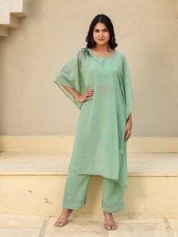 The Kaftan Company - Green Hand Embroidered Georgette Kaftan Kurta with Pant