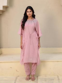 The Kaftan Company - Pink Hand Embroidered Georgette Kaftan Kurta with Pant