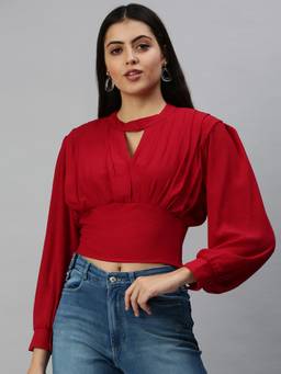 SHOWOFFFF - Women Keyhole Neck Balloon Sleeve Solid Red Crop Top