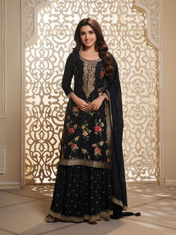 Seerat - Black Jacquard Floral Print Kurta with Embroidered Palazzo and Dupatta (Set of 3)