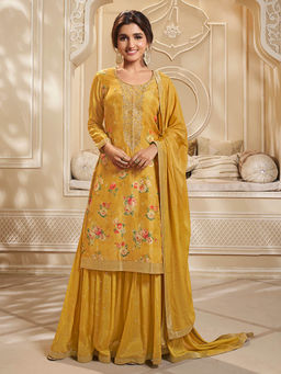 Seerat - Yellow Jacquard Floral Print Kurta with Embroidered Palazzo and Dupatta (Set of 3)
