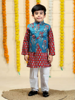 The Mom Store - Multi Azure Boys Floral Print Kurta with Pyjama and Jacket (Set of 3)