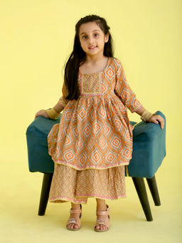 The Mom Store - Earth Brown Printed Girls Flared Kurta with Sharara (Set of 2)