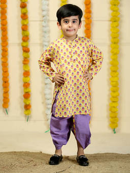 The Mom Store - Yellow Glow Floral Print Boys Kurta with Dhoti (Set of 2)