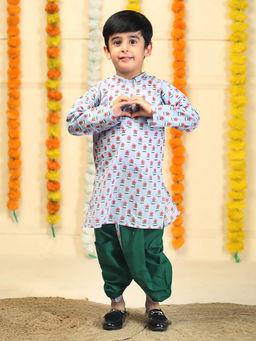 The Mom Store - Blue Floral Printed Shadow Boys Kurta with Dhoti (Set of 2)