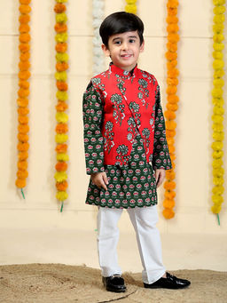 The Mom Store - Multi Paridhan Boys Floral Print Kurta with Pyjama and Jacket (Set of 3)