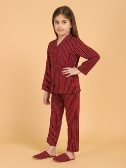 PICCOLO - Maroon Full Sleeves Vertical Stripes Top & Pyjama Set With Slippers (Set of 3)