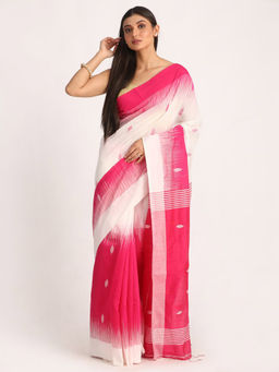 Angoshobha - Fuchsia & White Cotton Blended Handloom Jamdani Saree with Unstitched Blouse