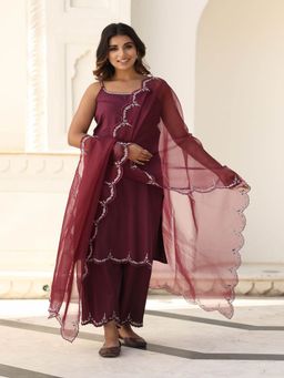 Mulmul - Divisha Jam Cotton Kurta-Palazzo and Dupatta (Set of 3)