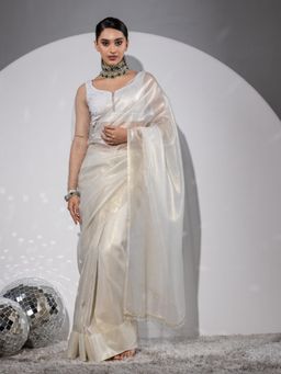 Swtantra - Royal Affair White Gold Organza Saree With Embroidered Unstitched Blouse Fabric