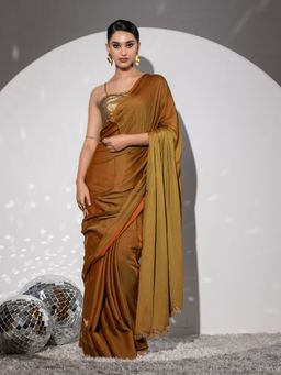 Swtantra - Caramel Mustard Paradise Satin Saree With And Unstitched Blouse Fabric