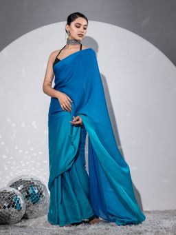 Swtantra - Cyan Persian Blue Silky Chiffon With Unstitched Blouse Fabric
