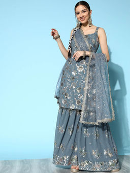 Chhabra 555 - Grey Sequence Embellished Kurta with Sharara and Dupatta (Set of 3)