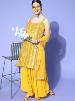 Chhabra 555 - Yellow Haldi Embroidery Kurta with Palazzo and Dupatta (Set of 3)
