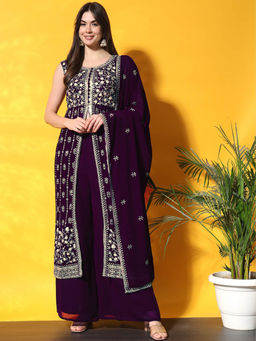 Chhabra 555 - Purple Pleated Front Slit Kurta with Palazzo and Dupatta (Set of 3)