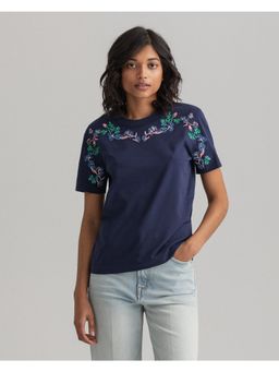 GANT - Womens Solid Blue Embroidery T-Shirt