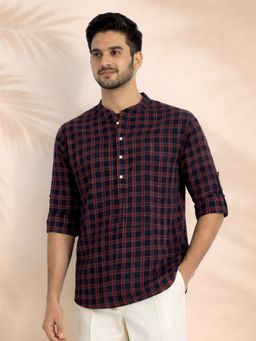 JBN Creation - Men Blue Cotton Blend Digital Checkered Short Kurta