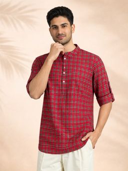 JBN Creation - Men Red Cotton Blend Digital Checkered Print Short Kurta