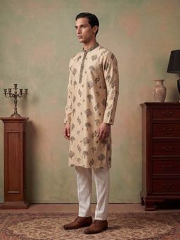 ETHNIC BAY - Men Silk Blend Embroidered Solid Cream Kurta