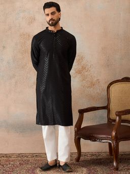 ETHNIC BAY - Men Black Rayon Embroidered Solid Straight Kurta