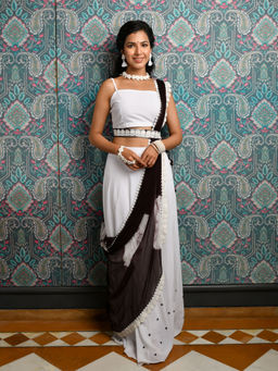 Mulmul - Ramidha White-Coffee Embroidered Lehenga (Set of 4)