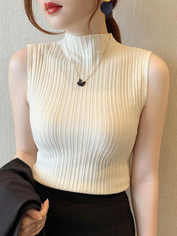 Outzidr - Cream Solid High Neck Tank Top