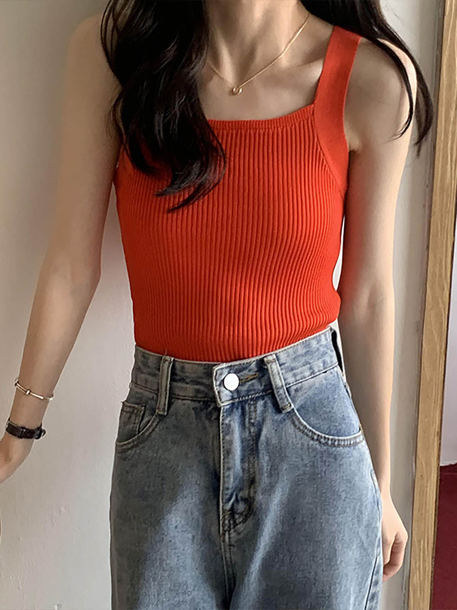 Orange Square Neck Flat Tank Top-image-11