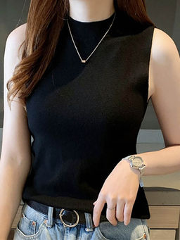 Outzidr - Black Solid High Neck Wide Top